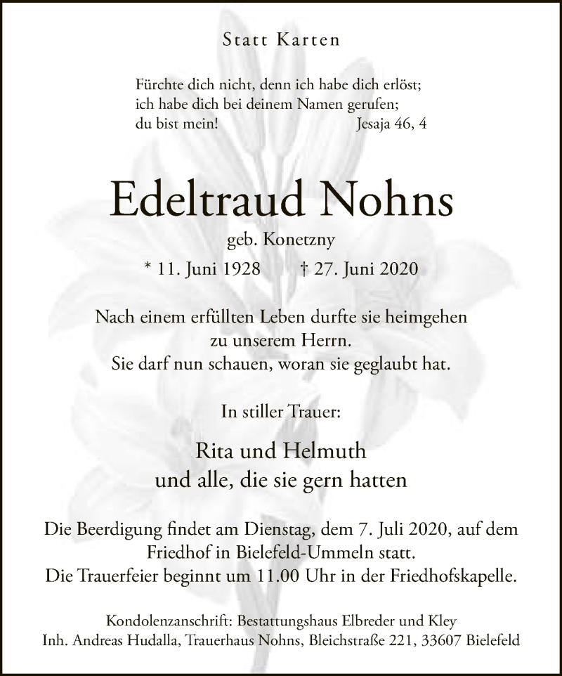  Traueranzeige für Edeltraud Nohns vom 04.07.2020 aus Neue Westfälische