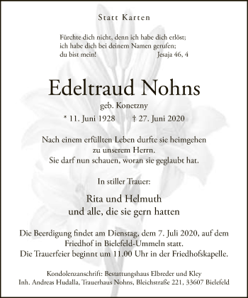 Traueranzeige von Edeltraud Nohns von Neue Westfälische
