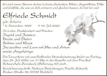Traueranzeige von Elfriede Schmidt von Neue Westfälische