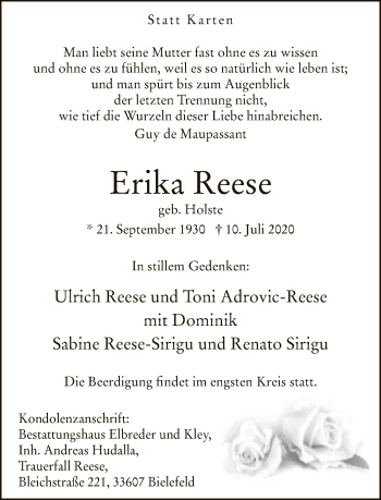 Traueranzeige von Erika Reese von Neue Westfälische