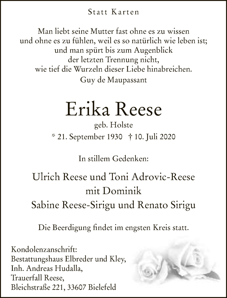  Traueranzeige für Erika Reese vom 18.07.2020 aus Neue Westfälische