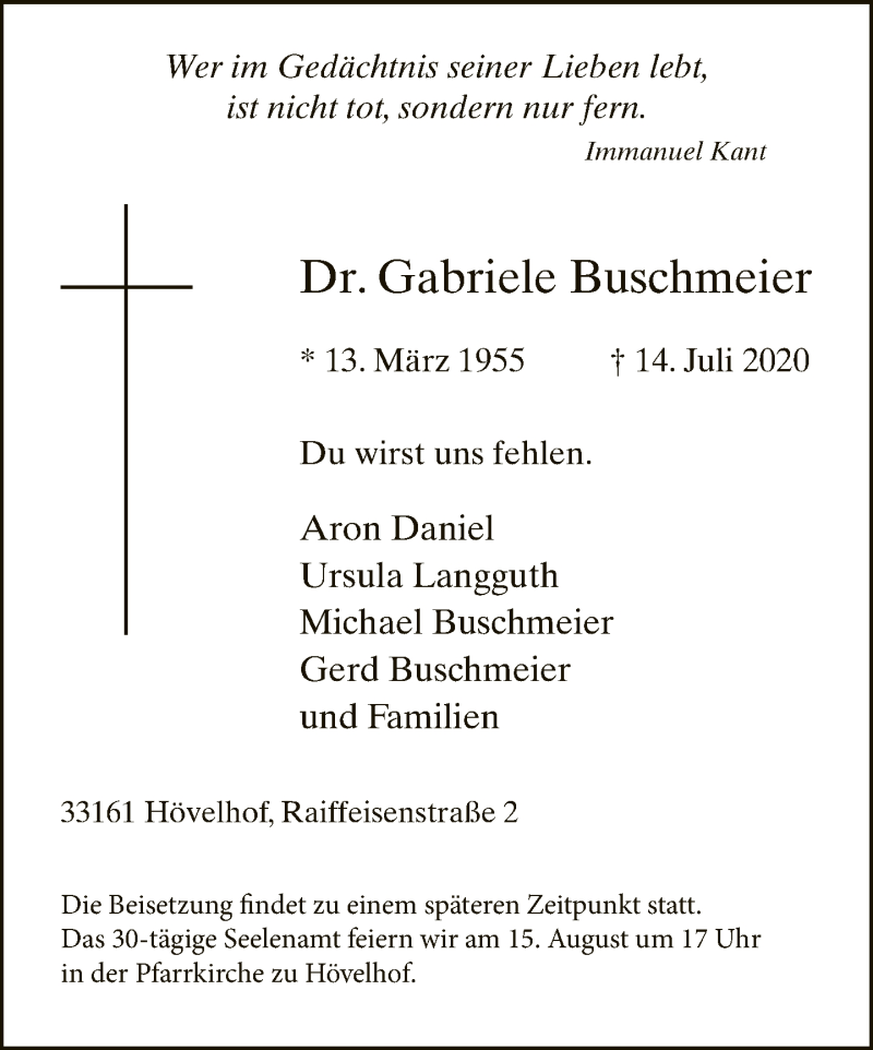  Traueranzeige für Gabriele Buschmeier vom 18.07.2020 aus Neue Westfälische