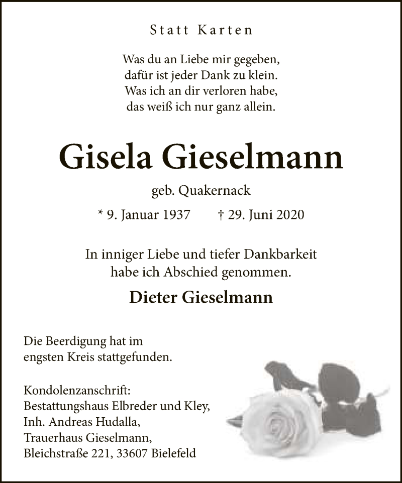  Traueranzeige für Gisela Gieselmann vom 11.07.2020 aus Neue Westfälische