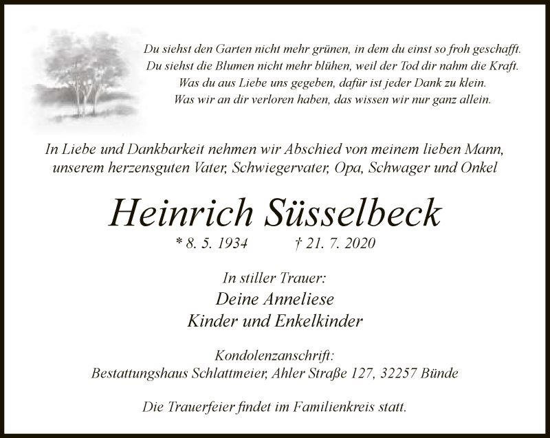  Traueranzeige für Heinrich Süsselbeck vom 25.07.2020 aus Neue Westfälische
