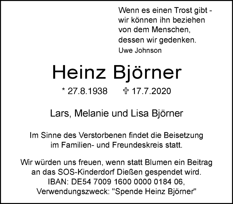  Traueranzeige für Heinz Björner vom 29.07.2020 aus Neue Westfälische