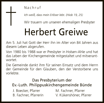 Traueranzeige von Herbert Greiwe von Neue Westfälische