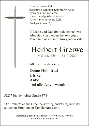 Traueranzeige von Herbert Greiwe von Neue Westfälische