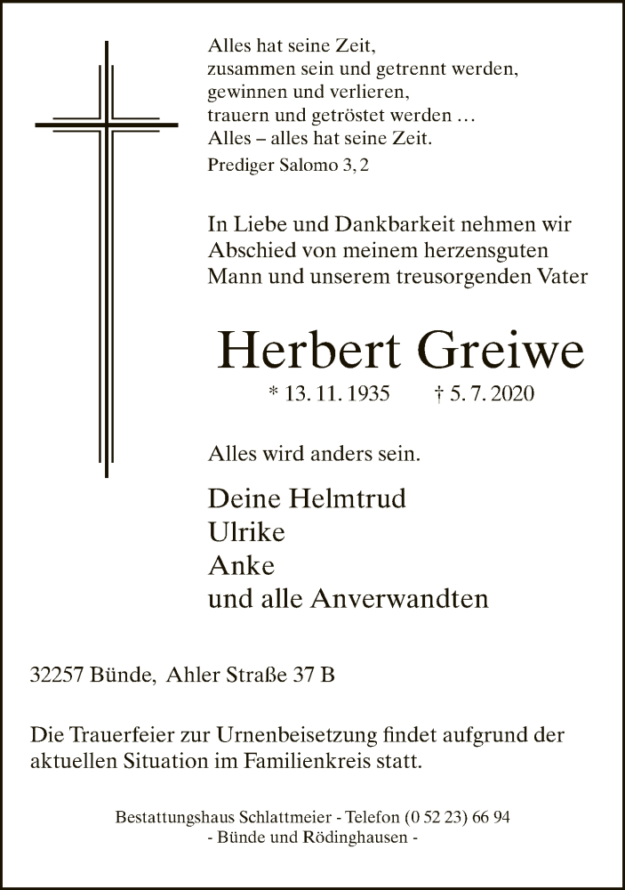  Traueranzeige für Herbert Greiwe vom 11.07.2020 aus Neue Westfälische
