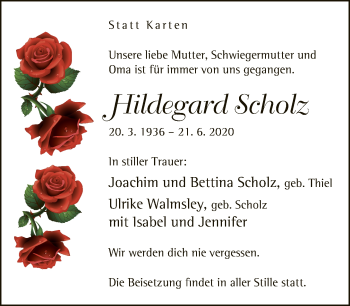 Traueranzeige von Hildegard Scholz von Neue Westfälische