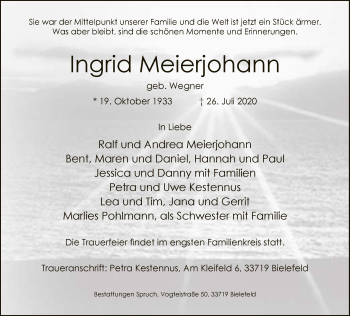 Traueranzeige von Ingrid Meierjohann von Neue Westfälische
