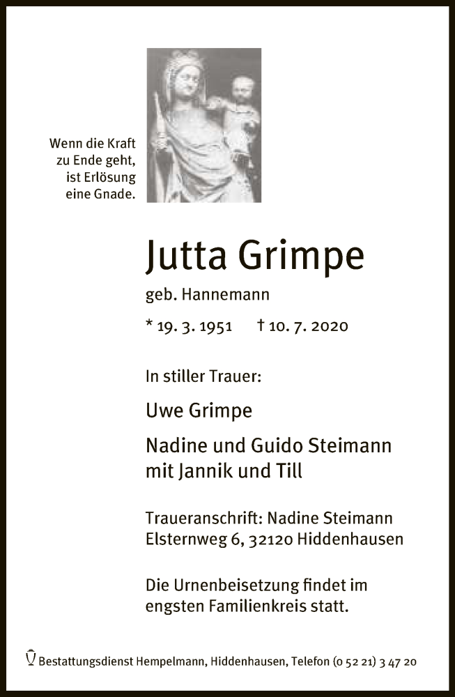  Traueranzeige für Jutta Grimpe vom 14.07.2020 aus Neue Westfälische