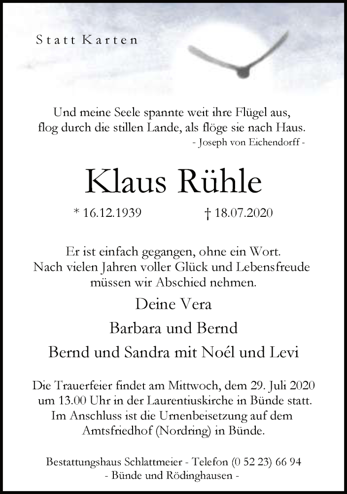  Traueranzeige für Klaus Rühle vom 25.07.2020 aus Neue Westfälische