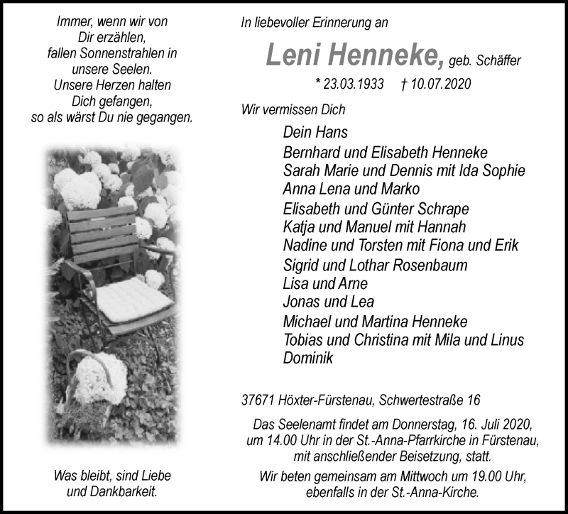  Traueranzeige für Leni Henneke vom 14.07.2020 aus Neue Westfälische