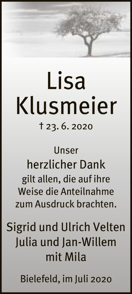  Traueranzeige für Lisa Klusmeier vom 18.07.2020 aus Neue Westfälische