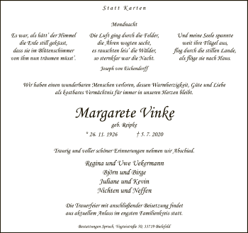 Traueranzeige von Margarete Vinke von Neue Westfälische