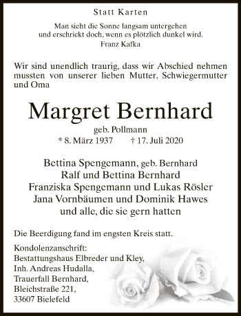 Traueranzeige von Margret Bernhard von Neue Westfälische