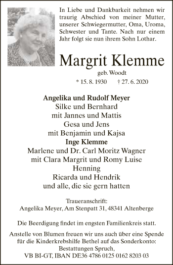 Traueranzeige von Margrit Klemme von Neue Westfälische