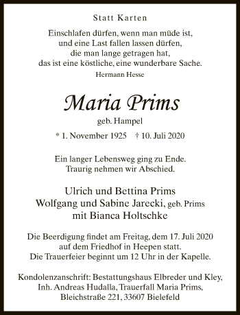 Traueranzeige von Maria Prims von Neue Westfälische