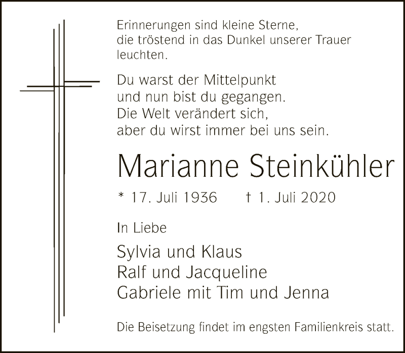  Traueranzeige für Marianne Steinkühler vom 11.07.2020 aus Neue Westfälische