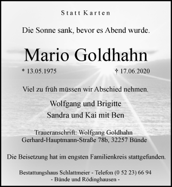 Traueranzeige von Mario Goldhahn von Neue Westfälische