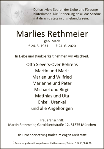 Traueranzeige von Marlies Rethmeier von Neue Westfälische