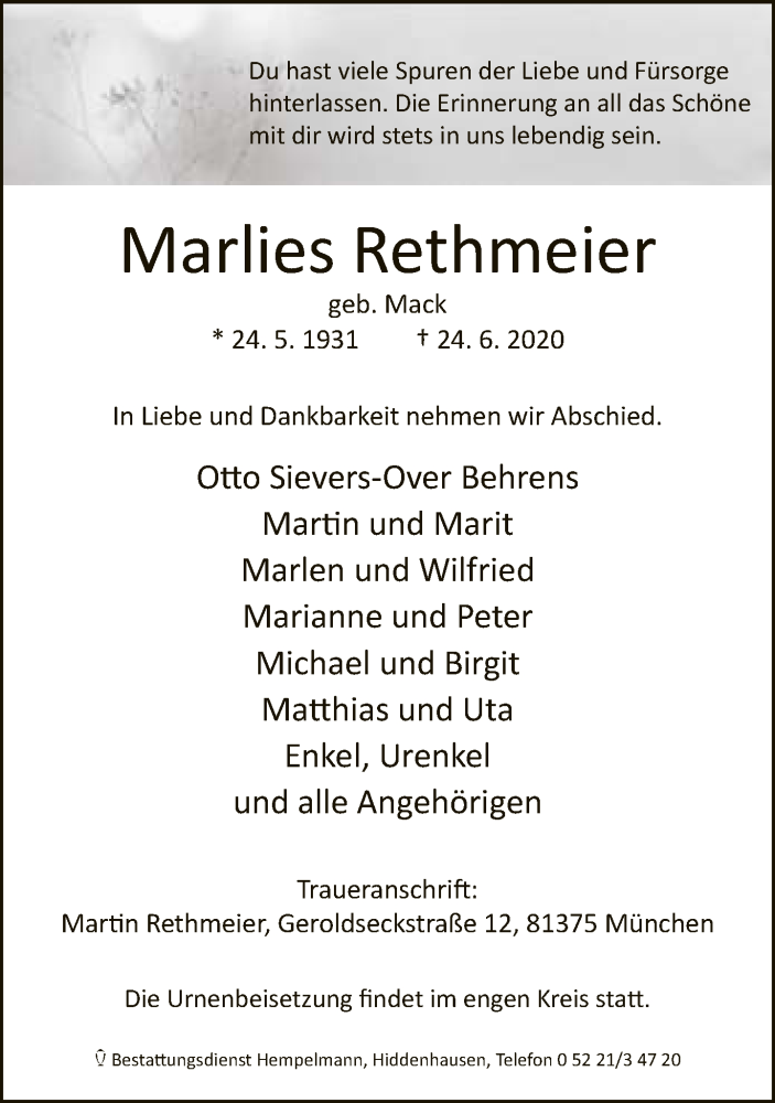 Traueranzeige für Marlies Rethmeier vom 04.07.2020 aus Neue Westfälische