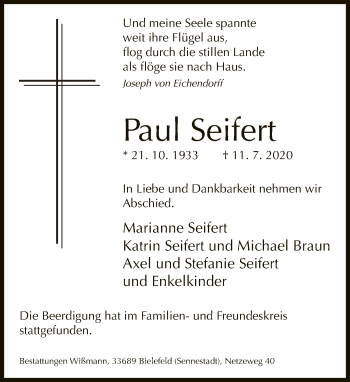 Traueranzeige von Paul Seifert von Neue Westfälische