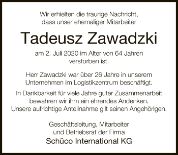 Traueranzeige von Tadeusz Zawadzki von Neue Westfälische