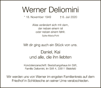 Traueranzeige von Werner Deliomini von Neue Westfälische