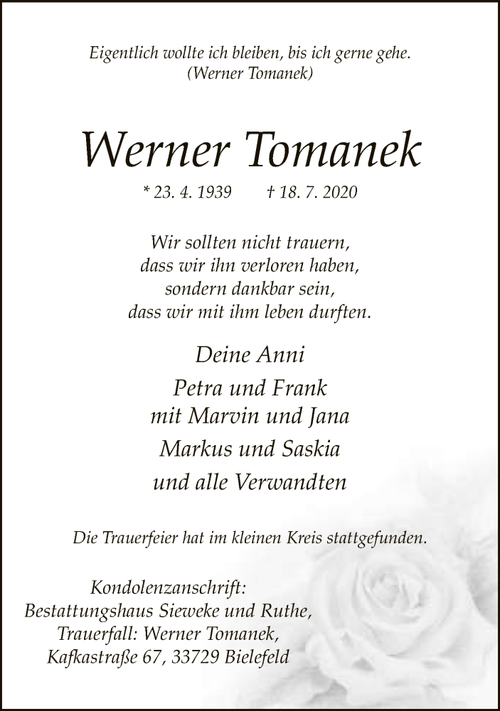  Traueranzeige für Werner Tomanek vom 25.07.2020 aus Neue Westfälische