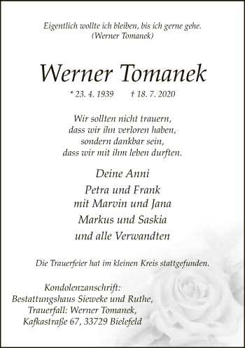 Traueranzeige von Werner Tomanek von Neue Westfälische