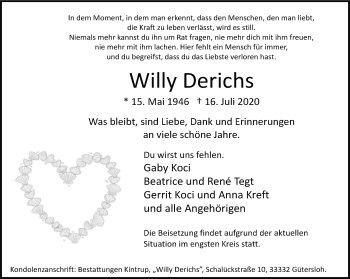 Traueranzeige von Willy Derichs von Neue Westfälische