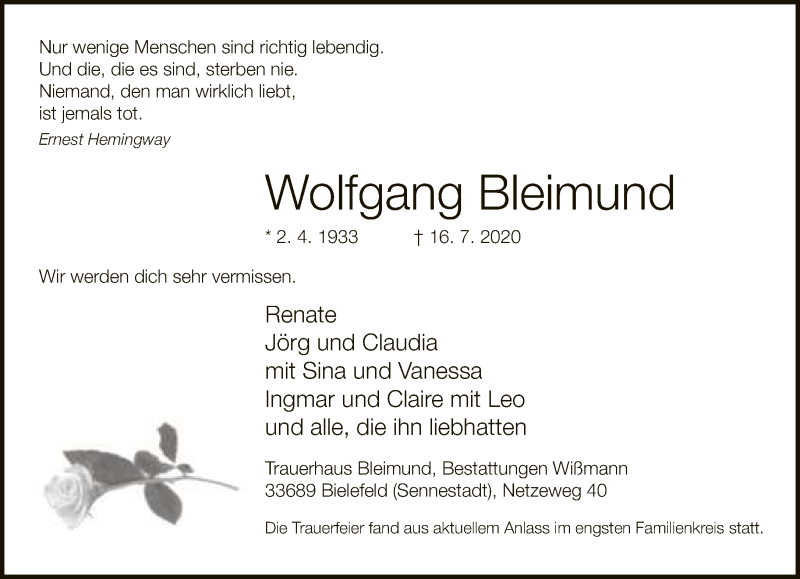  Traueranzeige für Wolfgang Bleimund vom 25.07.2020 aus Neue Westfälische