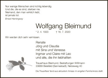 Traueranzeige von Wolfgang Bleimund von Neue Westfälische