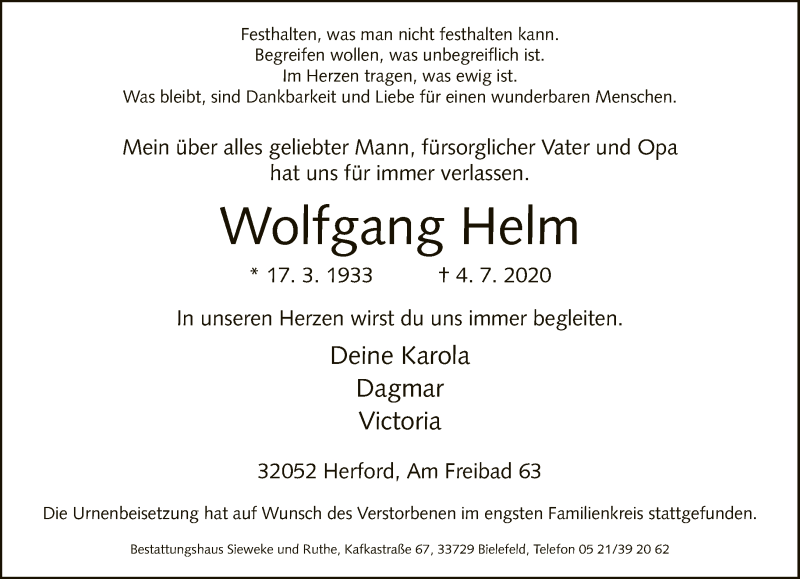  Traueranzeige für Wolfgang Helm vom 18.07.2020 aus Neue Westfälische