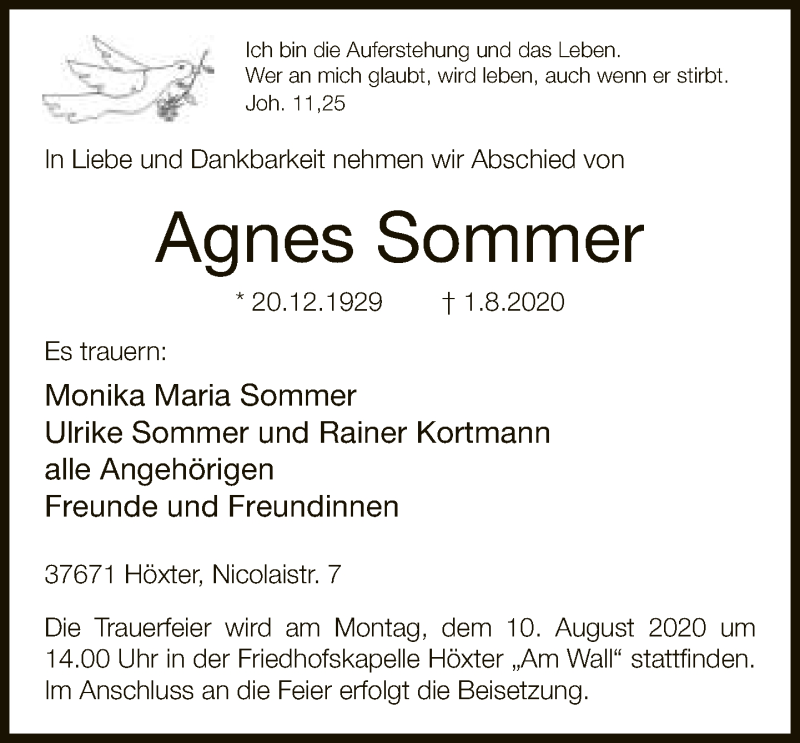  Traueranzeige für Agnes Sommer vom 05.08.2020 aus Neue Westfälische