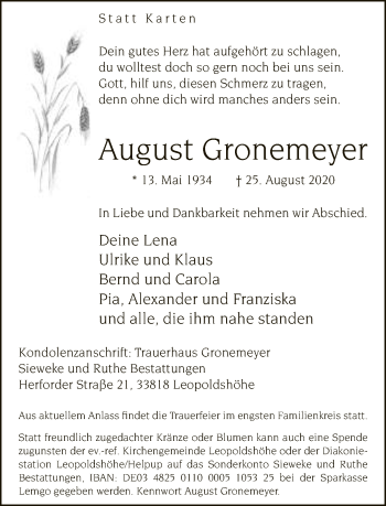 Traueranzeige von August Gronemeyer von Neue Westfälische