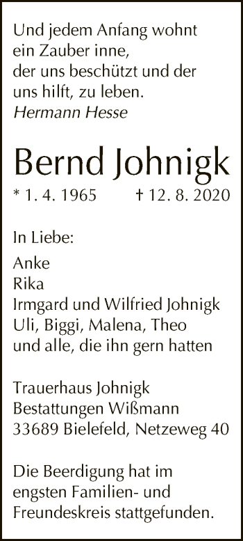 Traueranzeige von Bernd Johnigk von Neue Westfälische