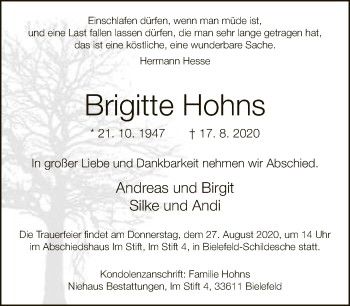 Traueranzeige von Brigitte Hohns von Neue Westfälische