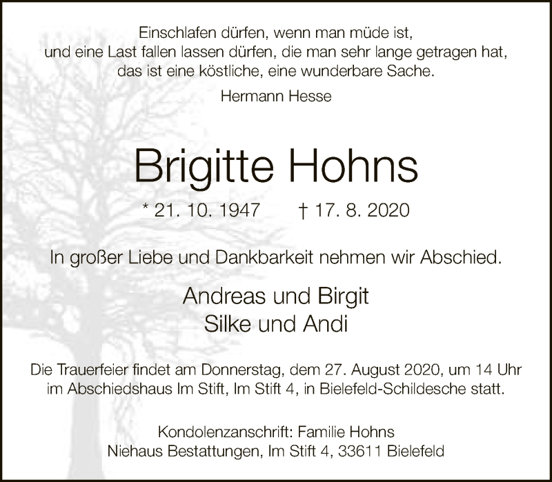  Traueranzeige für Brigitte Hohns vom 22.08.2020 aus Neue Westfälische
