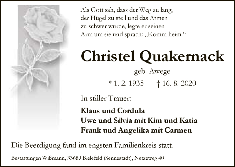  Traueranzeige für Christel Quakernack vom 22.08.2020 aus Neue Westfälische