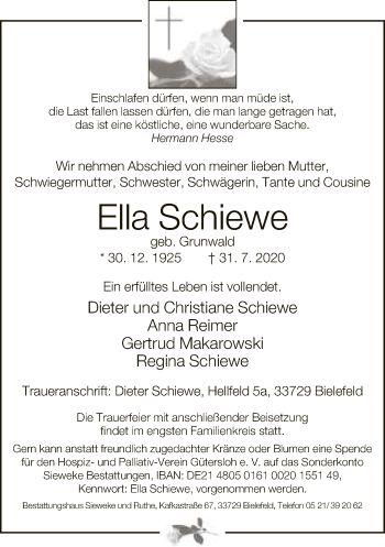 Traueranzeige von Ella Schiewe von Neue Westfälische