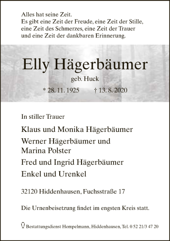 Traueranzeige von Elly Hägerbäumer von Neue Westfälische