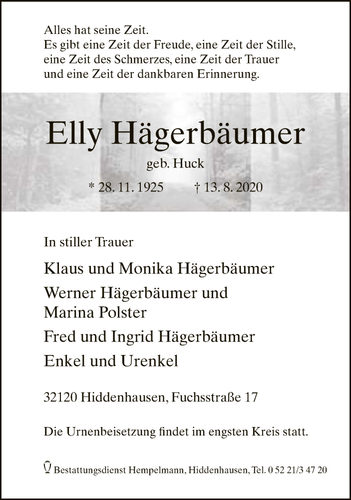  Traueranzeige für Elly Hägerbäumer vom 18.08.2020 aus Neue Westfälische