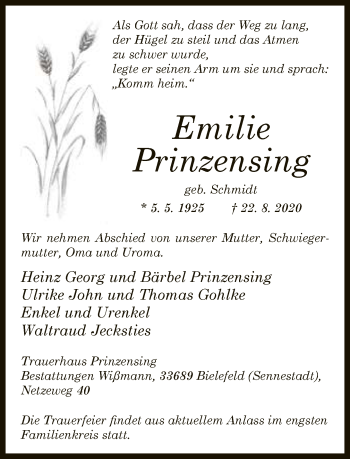 Traueranzeige von Emilie Prinzensing von Neue Westfälische