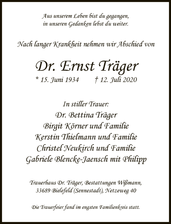 Traueranzeige von Ernst Träger von Neue Westfälische