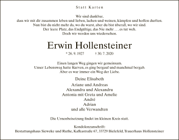 Traueranzeige von Erwin Hollensteiner von Neue Westfälische
