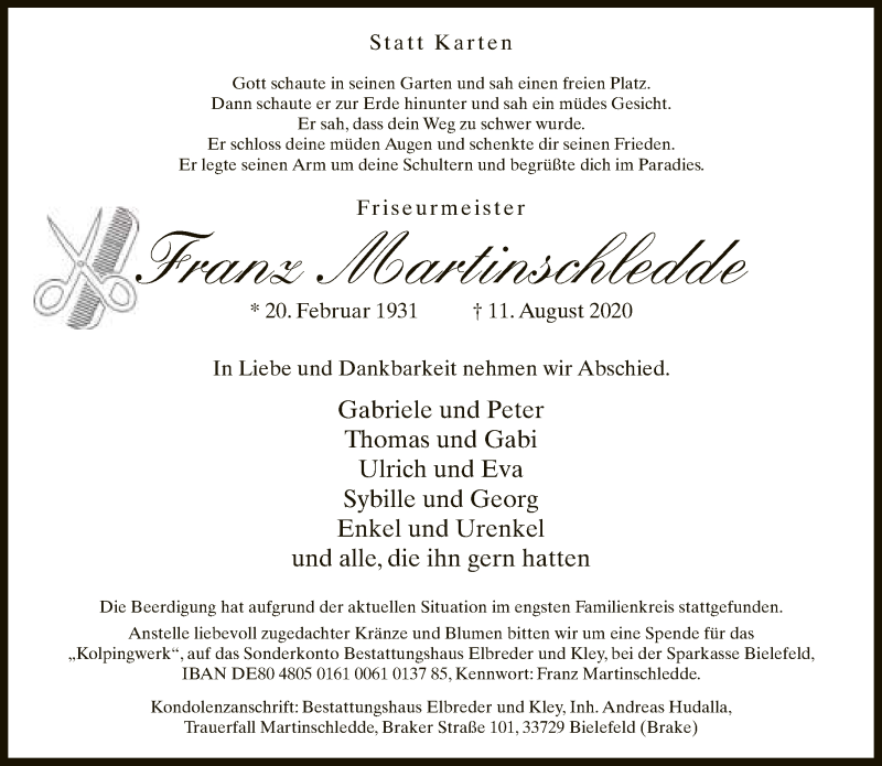  Traueranzeige für Franz Martinschledde vom 22.08.2020 aus Neue Westfälische