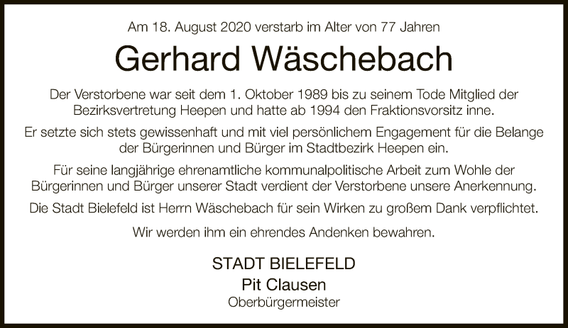  Traueranzeige für Gerhard Wäschebach vom 26.08.2020 aus Neue Westfälische