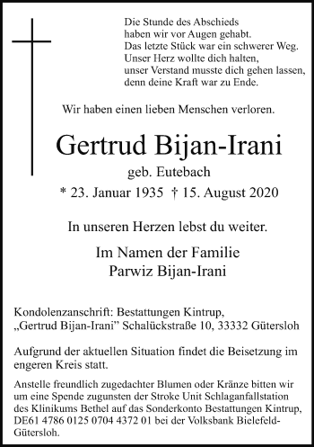 Traueranzeige von Gertrud Bijan-Irani von Neue Westfälische